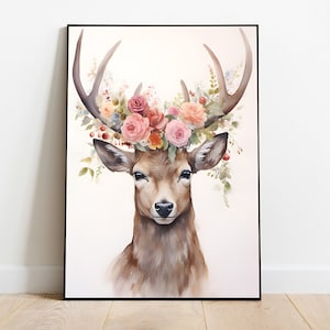 May include: A watercolour painting of a deer with a floral crown. The deer has brown fur and large antlers. The flowers in the crown are pink, orange, and yellow.