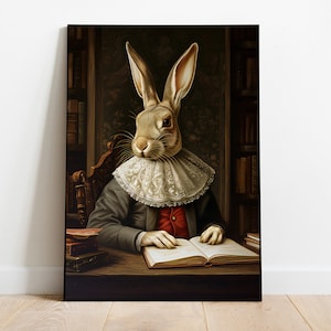Vintage Lesekaninchen Druck, Renaissance Kaninchen Malerei, Aristokrat Kaninchen Porträt, dunkle Academia, Tierkopf menschlicher Körper, digitaler Download