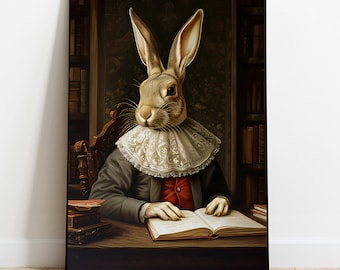 Renaissance Rabbit Portrait Print: Dark Academia Animal Art (Digital Download)
