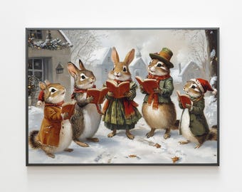 Caroling Christmas Woodland Animals Vintage Art Print (Digital Download)