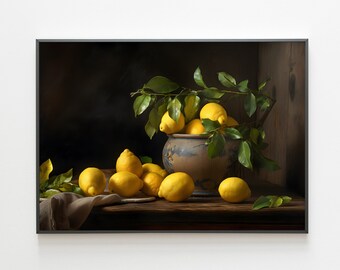 May include: A still life photograph of a bowl filled with lemons and a branch of lemon leaves on a wooden table. The bowl is blue and white with a floral pattern. The lemons are yellow and some are partially obscured by the leaves.
