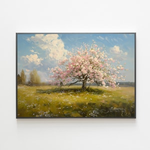 Cherry Blossom Landscape Painting, Vintage Spring Print, Farmhouse Decor, Flower Field Printable Art, Digital Download, Printable Art