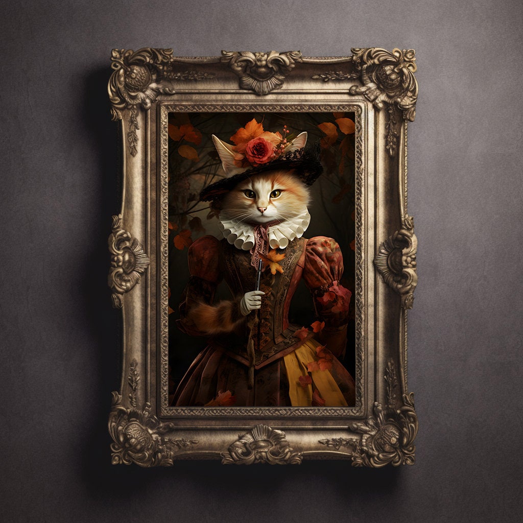 Renaissance Cat Painting, Aristocrat Cat Art, Autumn Cat Print, Animal ...