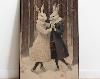 Impresión victoriana de conejos bailando en invierno: Retrato animal renacentista (descarga digital)