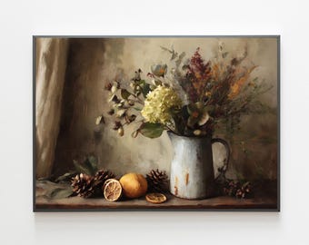 Moody Autumn Floral Painting: Rustic Vintage Fall Art (Digital Download)