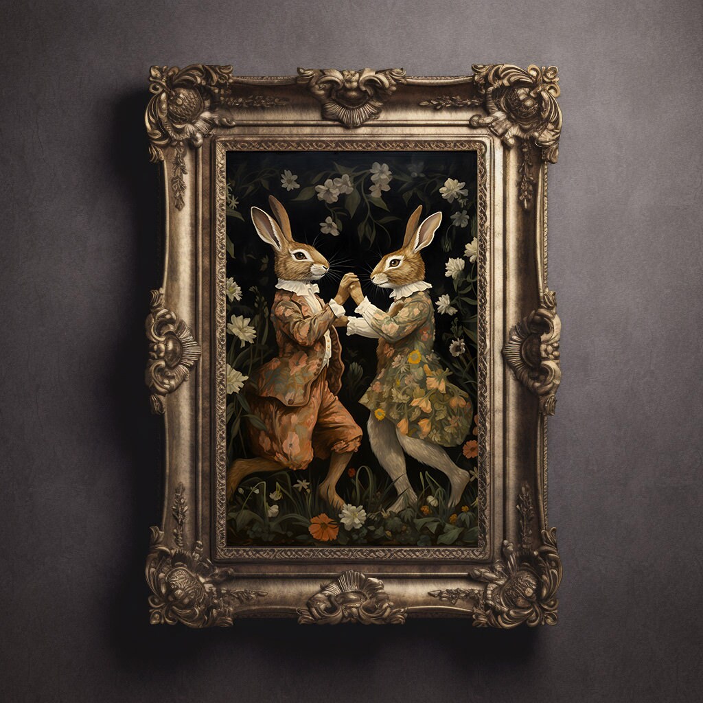 Vintage Rabbits Print, Victorian Rabbits Dancing Painting, Renaissance ...
