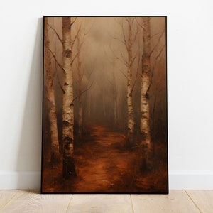 Birch Tree Autumn Forest Painting: Moody Rustic Wall Art (Digital Download)