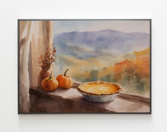 Pumpkin Pie Fall Kitchen Art Print: Vintage Autumn Watercolor (Digital Download)