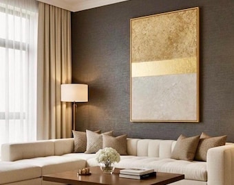Gold Leaf Abstract Art: Textured Beige Canvas, Modern Minimalist Decor