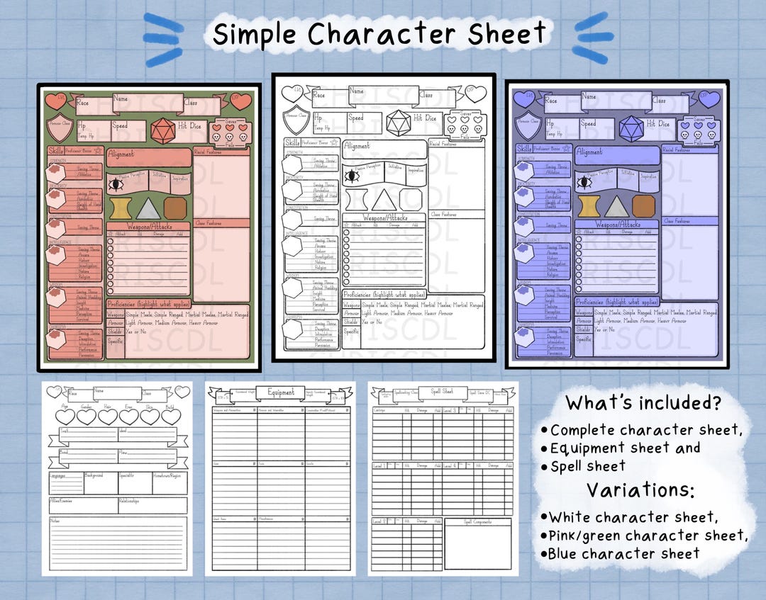 Sample Simple Character Simple Character Sheet (3 Variations) - Etsy