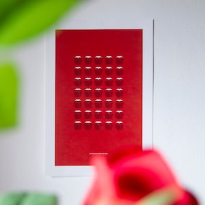 Könnte beinhalten: Ein rotes Poster mit weißem Rand, das ein sich wiederholendes Muster aus weißen, stilisierten Tulpen zeigt. Der Text am unteren Rand des Posters lautet "la dimensione della rosa".