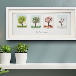 Handmade The Four Seasons Fused Glass White Wooden Framed Wall art. Spring/Summer/Autumn/Winter