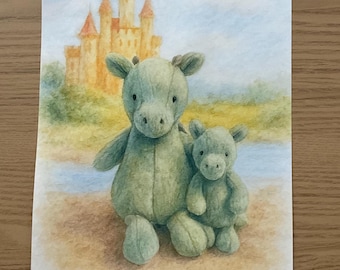 Jellycat inspirierter Aquarell-Druck im schüchternen Drachen-Stil