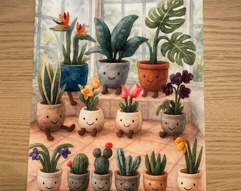 Impresión de la colección de plantas y flores divertidas de acuarela inspirada en Jellycat