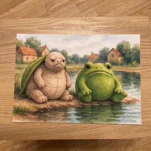 Puede incluir: Pintura a la acuarela de una tortuga y una rana junto a un estanque. La tortuga es beige con un caparazón verde, y la rana es verde. El fondo presenta casas y árboles bajo un cielo nublado.