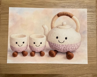 Impresión de tetera y tazas de Shanghái en estilo acuarela inspirado en Jellycat