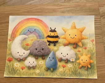 Íconos del clima divertidos de acuarela inspirados en Jellycat para imprimir