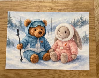 Jellycat Inspired Watercolour Amusable Christmas Bartholomew Bear and Bashful Bunny Ski Suit Print