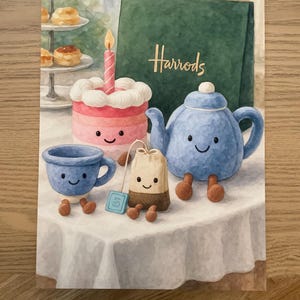 Könnte beinhalten: Eine skurrile Illustration einer Teeparty mit lächelnden Figuren. Ein rosa-weißer Kuchen mit einer brennenden Kerze, eine blaue Teekanne, eine Tasse und ein Teebeutel sind auf einem Tisch angeordnet. Im Hintergrund befindet sich eine grüne Tasche mit dem Harrods-Logo.