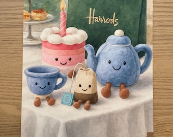 Impresión de bolsita de té Steepy de Harrods con acuarela inspirada en Jellycat