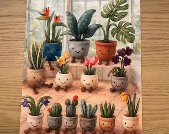 Collezione di piante da serra in stile acquerello ispirate a Jellycat