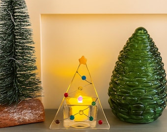 Portavelas de cristal fusionado hecho a mano con forma de árbol de Navidad, decoración para el hogar
