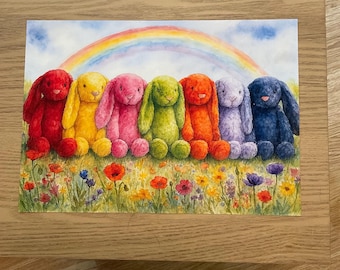 Impresión de la colección de conejitos tímidos arcoíris en acuarela inspirados en Jellycat