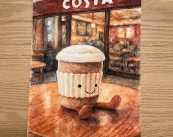 Impresión divertida de café para llevar con acuarela inspirada en Jellycat de Costa