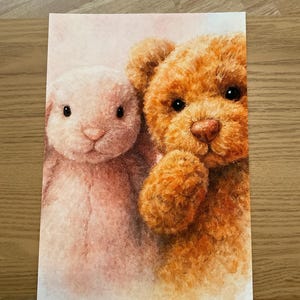 May include: Watercolour painting of a teddy bear and a bunny. The teddy bear is brown with a light brown nose and black eyes. The bunny is pink with black eyes. The background is a light pink.