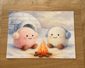 Impresión de acuarela con malvaviscos y fogata inspirados en Jellycat