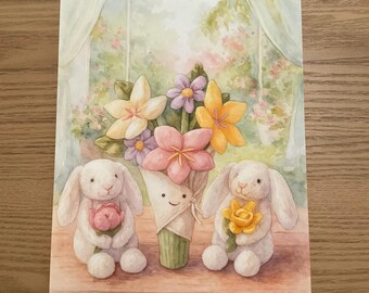 Impresión del Día de la Madre con flores divertidas inspiradas en Jellycat en acuarela