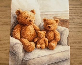 Impresión de la familia de osos Bartolomé inspirada en Jellycat en acuarela