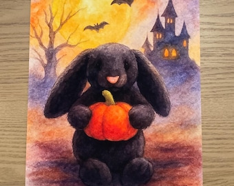 Conejito tímido de acuarela inspirado en Jellycat con estampado estilo calabaza