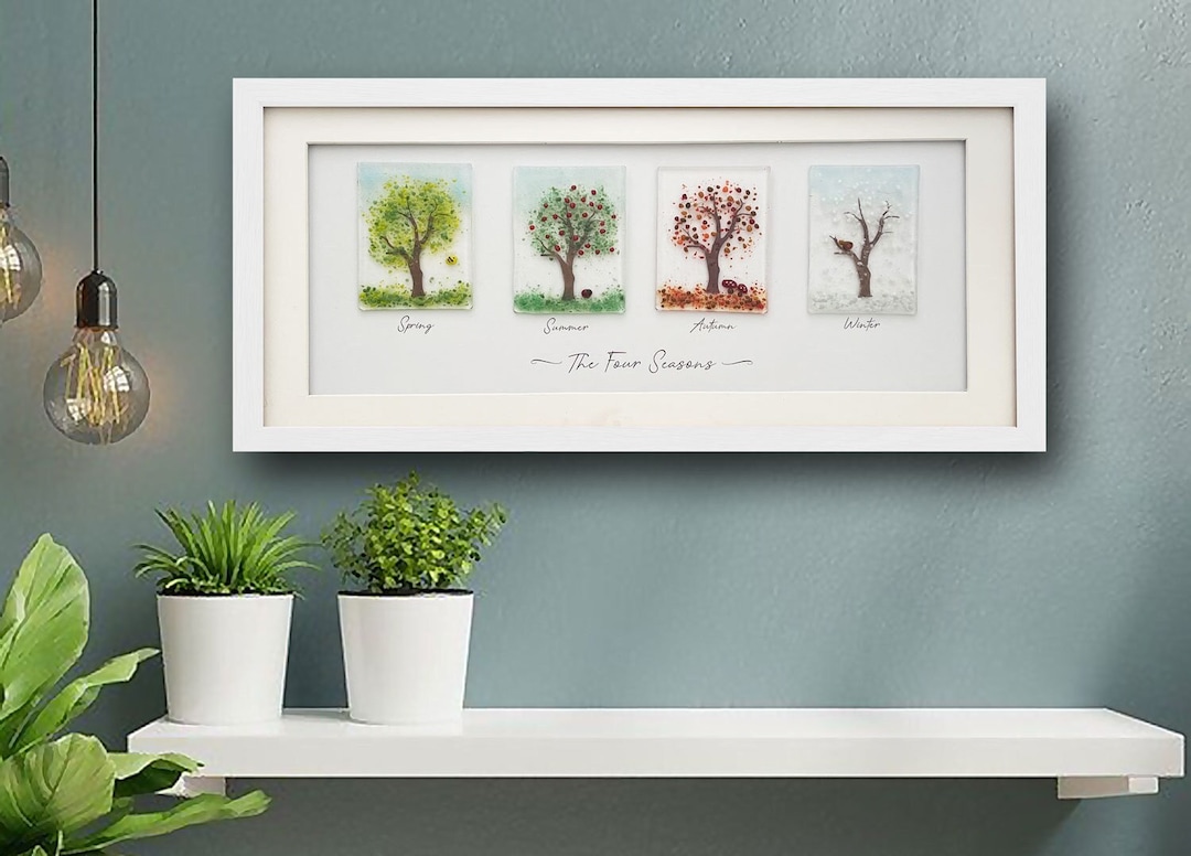 Handmade the Four Seasons Fused Glass White Wooden Framed Wall Art ...
