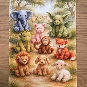 May include: Watercolor illustration of various plush zoo animals, including an elephant, pig, dragon, monkey, fox, lion, dog, and lamb. The word "ZOO" is on a sign in the background, suggesting a zoo theme. The animals are in a seated position.