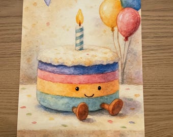 Jellycat Inspired Watercolour Style  Rainbow Birthday Cake Print