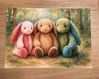 Estampado de conejito patchwork en color albahaca coralina y marrón estilo acuarela inspirado en Jellycat