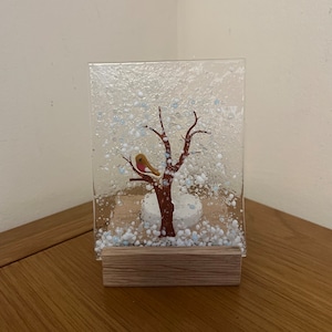 Winter/Snow Tree Fused Glass Tea light/Candle Holder Glass Art Gift