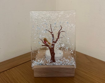 Winter/Snow Tree Fused Glass Tea light/Candle Holder Glass Art Gift