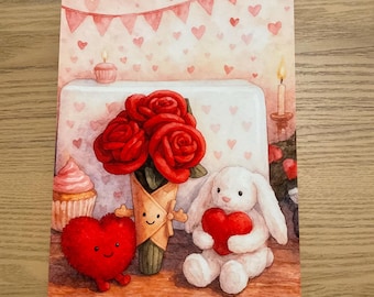 Impresión de conejito tímido con corazón de rosa de San Valentín inspirado en Jellycat