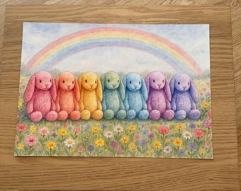Impresión de estilo arcoíris de conejito tímido en acuarela pastel inspirado en Jellycat
