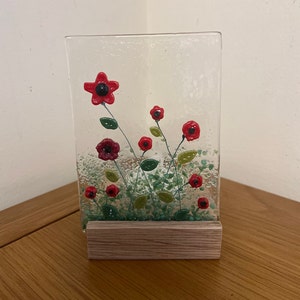 Poppy Flower Fused Glass Tea Light / Candle Holder Home Art Gift