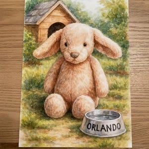 Puede incluir: Pintura a la acuarela de un perro de peluche con orejas largas, sentado en una zona cubierta de hierba. Una caseta para perros está en el fondo. Un cuenco plateado para perros con el nombre "ORLANDO" está delante del perro.