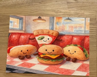 Impresión divertida de hamburguesa, pizza y perrito caliente inspirada en Jellycat en acuarela