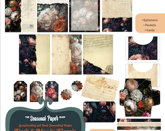 Digital Junk Journaling and Scrapbook Paper and Ephemera Kit; Card Making; Dark and Moody Florals
