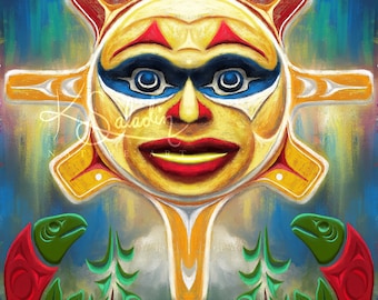 May include: A stylized painting of a Native American sun with a human face, surrounded by a yellow, red, and white geometric design. The sun is set against a blue background with green trees and red fish on either side.