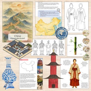 Könnte beinhalten: Eine Collage von Bildern und Illustrationen zum Thema China. Enthält ein Aquarellgemälde der Großen Mauer, Skizzen traditioneller Kleidung, eine Karte, eine rote Pagode und eine blau-weiße Vase. Text: "China @aprendiendode3".