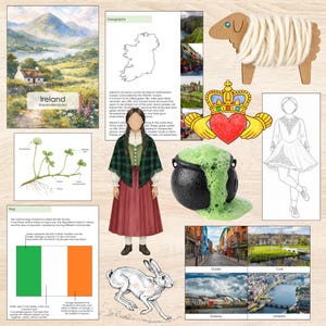 Op de afbeelding: Een collage van Ierse illustraties en afbeeldingen. Bevat een aquarel schilderij van een landschap met een huisje, een kaart van Ierland, een Claddagh ring, een schapenfiguur, een ketel met groene vloeistof en een tekening van een meisje in traditionele kleding.