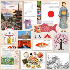 Puede incluir: Un póster educativo sobre Japón con ilustraciones del monte Fuji, una pagoda, un gato maneki-neko, un pez koi, sushi, el castillo de Himeji, el santuario Fushimi Inari, un cerezo en flor, un kimono y La Gran Ola de Kanagawa.