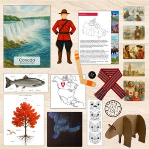 May include: A collection of images with a Canadian theme. Features a painting of Niagara Falls, a Mountie, a map, a hockey stick and puck, a maple leaf, a bear, and illustrations of Canadian wildlife and culture.